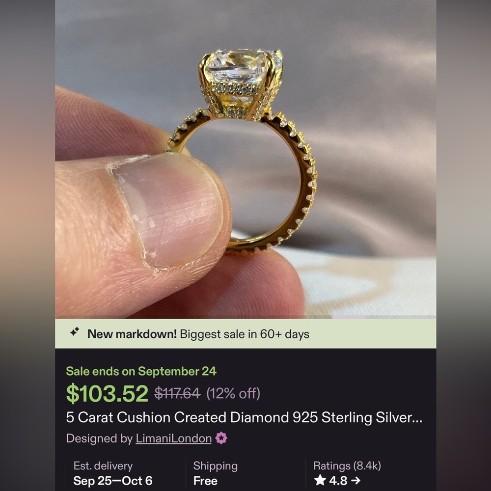5 Carat Cushion Simulated Diamond Ring, yellow gold (4.8 from 8k reviews)
